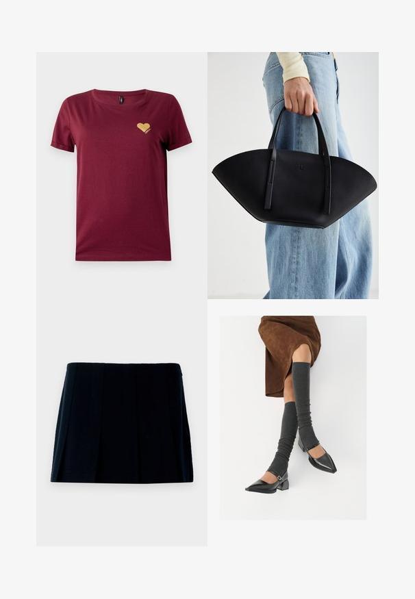 Burgundiast värvi puuvillane T-särk ümarate kaelustega ja lühikeste varrukatega. Vasakul rinnal on kuldne sädelev süda logo.; Must mustriga mini seelik, mis on valmistatud kangast. Omab sirget vöönda ja mitu vertikaalset voldikut kuju ja tekstuuri loomiseks.; Mustad patsaline odav värviga kingad, millel on kreen ja pahkluuring, on paaritatud hallide ribakudumitega sääremiidega ja pruunist nahast seelikuga.; Must mustra kott, millel on unikaalne fännikujuline disain, millel on lapikud käepidemed. Pinna tekstuur on kivikujuline ja disain on minimalistlik.