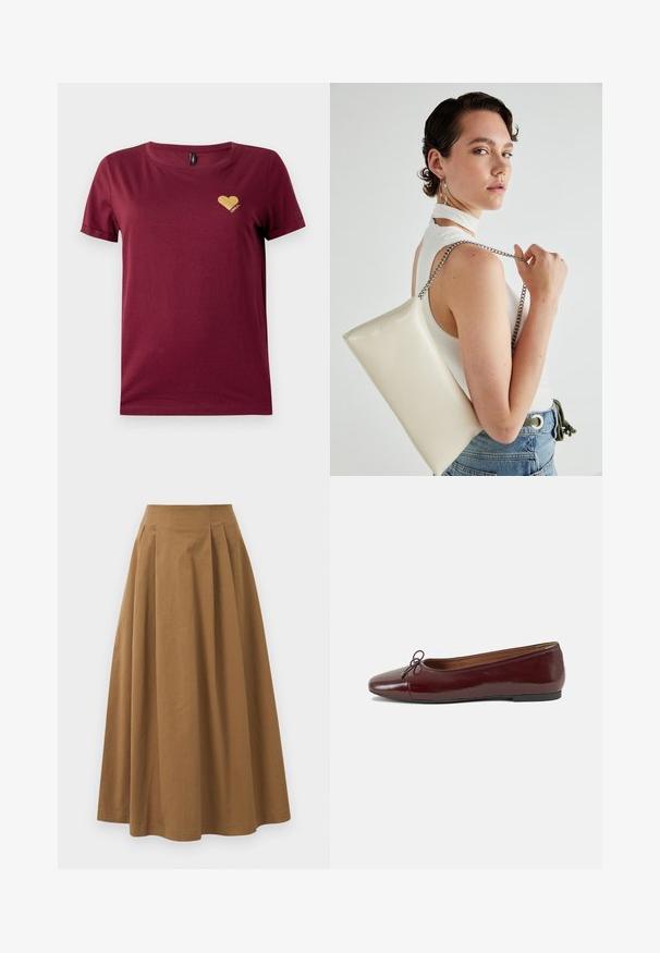 Bordová bavlnená tričko s okrúhlym výstrihom a krátkymi rukávmi. Obsahuje logo zlatého trblietavého srdca na ľavej strane hrudi.; Hnedá bavlnená sukňa A-línie s vysokým pásom, so skladmi vpredu a hladkou textúrou. Hranice sú čisté a jednoduché.; Burgundské lakované balerínky s okrúhlou špičkou, malou mašľou na prednej strane a nízkou čiernou gumovou podrážkou. Hladký povrch.; Biely obdĺžnikový kabelka z lesklého materiálu s strieborným reťazovým popruhom. Model predvádza kabelku na jednotnom pozadí.
