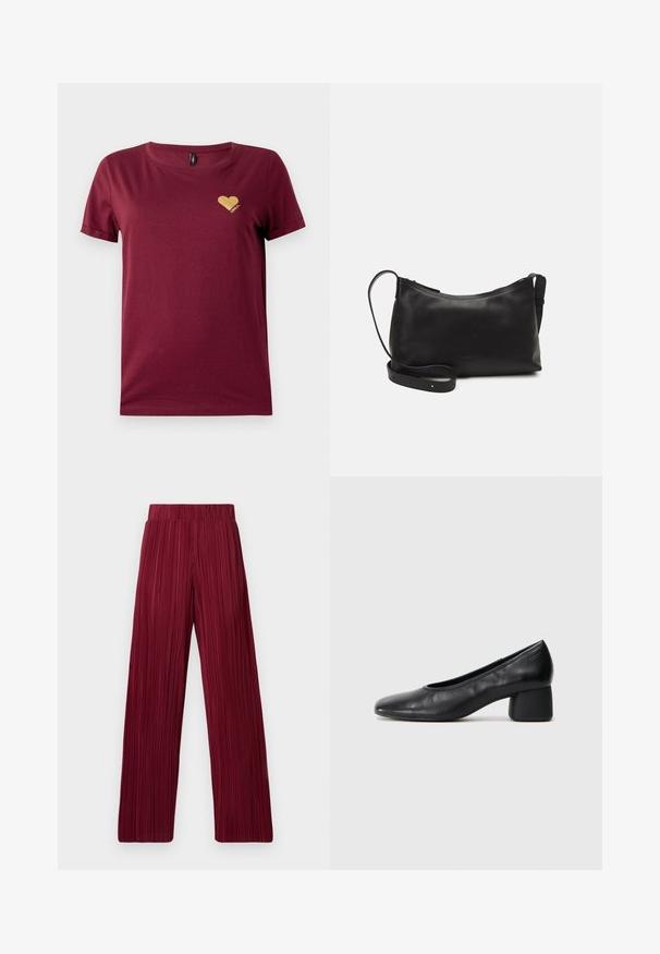 Burgundské bavlněné tričko s kulatým výstřihem a krátkými rukávy. Obsahuje logo ve tvaru srdce se zlatým třpytem na levé straně hrudi.; Bordové plisované kalhoty s širokými nohavicemi a elastickým pasem. Texturovaná tkanina s vertikálními pruhy. Rovný střih až k lemu.; Černé kožené lodičky s kulatou špičkou a středním blokovým podpatkem. Hladký povrch s minimálním zdobením, s jemným elastickým otvorem.; Černá kožená taška přes rameno s hladkým povrchem, zakřiveným tvarem, nastavitelným popruhem a zipovým uzávěrem. Minimalistický design bez zdobení.