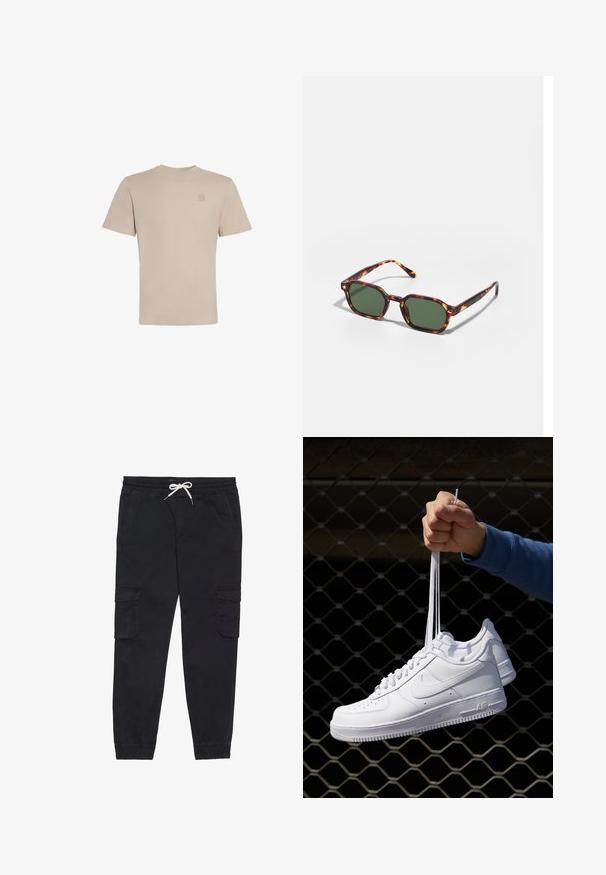 Beige T-shirt met korte mouwen en ronde hals, met een klein geborduurd logo op de linkerborst, afgebeeld tegen een effen witte achtergrond.; Zwarte cargobroek van katoen, met een elastische tailleband en een trekkoord, zijzakken en toelopende boorden.; Witte leren sneakers met perforaties, ronde neus, vlakke zool en dikke veters, met een zichtbare swoosh-logo en "AIR" op de hiel.; Tortoiseshell zonnebrillen met groene glazen, met een octagonaal formaat en slanke, gebogen armen. Materiaal heeft een glanzende afwerking.