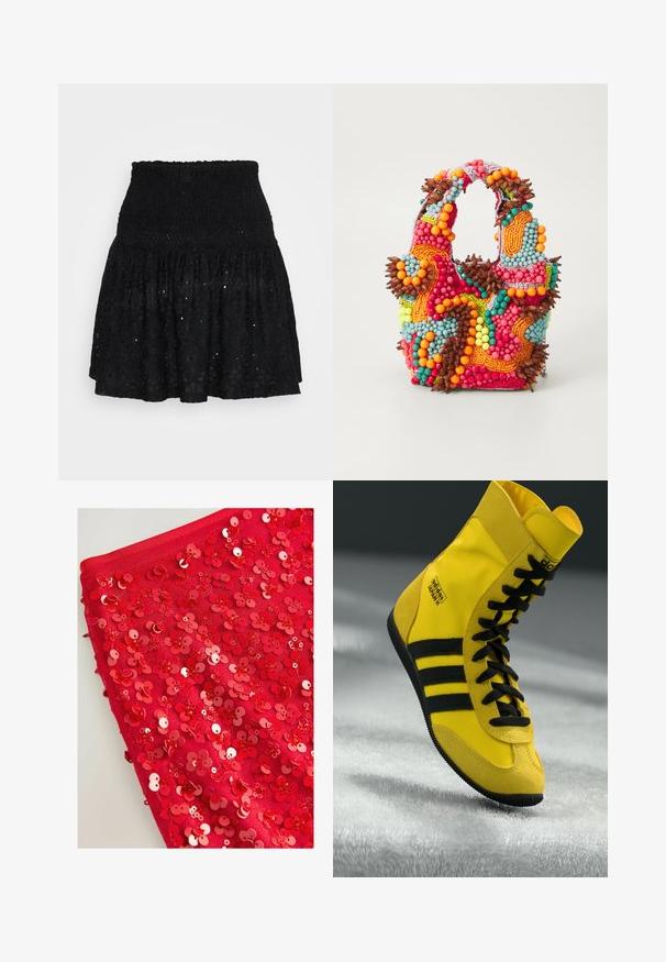 Zwart kanten mini rok met een smocked tailleband, gelaagde ruffles en oogjespatronen overal. Zachte textuur met een lichtgewicht ontwerp.; Rode stof bedekt met glanzende rode pailletjes in de vorm van bloemen, met uiteenlopende groottes en texturen, die een gelaagd, textuurvol uiterlijk creëren.; Hoge sneakers van gele synthetische materialen, met zwarte veters, drie zwarte strepen en branding op de zijkant. Gekreukt rubberen zool.; Beaded handtas met levendige kleuren: roze, oranje, blauw en bruin. Getextureerd oppervlak met ronde kralen en organische vormen, stevige handvatten.; Gouden oorringen, dun en rond van vorm, met een gladde metallic afwerking en zonder versieringen of patronen.