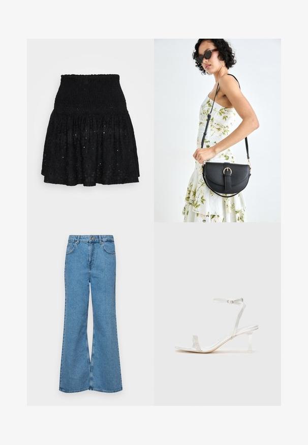 Juoda nėriniuota mini sijonas su elastinga juosmens juosta, pakopiniu raukiniu ir aklų raštu visame paviršiuje. Minkšta tekstūra ir lengvas dizainas.; Šviesiai mėlynos flared džinsai, pagaminti iš džinsinio audinio, su aukštu liemeniu, penkiomis kišenėmis ir vienu mygtuko užsegimu. Minkštas paviršius su išblukusiu efektu.; Sidabrinės kulkšnies sandalai su skaidria juosta ir dekoratyvine cirkono juosta. Atviras pirštų dizainas, blizgi tekstūra ir plonas, skaidrus kulnas.; Juodas odinis krepšys su išlenkta forma, nuimamu dirželiu ir auksiniais detalėmis. Krepšys turi kilpą su sagtimi.