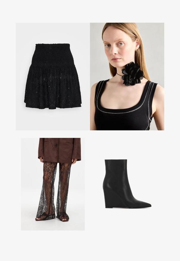 Čierna čipkovaná minisukňa s elastickým pásom, vrstvenými volánmi a perforovanými vzormi po celom modeli. Mäkká textura s ľahkým dizajnom.; Čierne čipkované rozšírené nohavice s kvetinovým vzorom, priehľadnou textúrou a širokými nohavicami, skombinované s hnedými šľapkami.; Čierne klínové ankel topánky vyrobené z textúrovanej kože; majú špicatú špičku a hladký, elegantný dizajn s tvarovanou siluetou.; Čierny kvetinový náhrdelník s lístkami v vrstvenom prevedení, nosený s čiernym rebrovaným tielkom s striebornými akcentmi pozdĺž výstrihu a ramien.