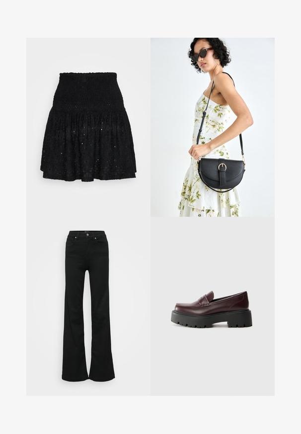 Schwarzer Spitzen-Minirock mit einem gerafften Taillenbund, gestuften Rüschen und Lochmuster überall. Weicher Stoff mit leichtem Design.; Schwarze, ausgestellte Jeans aus Denim, mit hoher Taille, fünf Taschen und Metallknopfverschluss. Glatte Textur mit minimaler Gestaltung.; Burgunderfarbene Lederloafers mit runder Zehenform, dekorativer Naht und einer dicken schwarzen Gummisohle mit einem robusten Profil.; Schwarze Lederhandtasche mit geschwungener Form, abnehmbarem Tragegurt und goldenen Beschlägen. Die Tasche verfügt über einen Deckel mit einer Schnallen-Details.