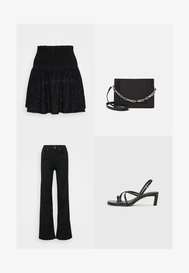 Crna čipkasta mini suknja s gumiranim pojasom, višeslojnim volanima i pokrovima od čipke. Mekana tekstura s laganim dizajnom.; Crne široke traperice od denima, s visokim strukom, pet džepova i metalnim zatvaračem. Glatka tekstura s minimalnim detaljima.; Crne sandale s trakama, kvadratnim prstom i niskom blok petom. Ima više tankih trakica i podesivu trakicu oko gležnja. Izrađene su od glatke kože.; Crna kožna torba preko tijela s glatkom teksturom, pravokutnim oblikom i metalnim lancem na prednjoj strani. Uključena je podesiva naramenica.