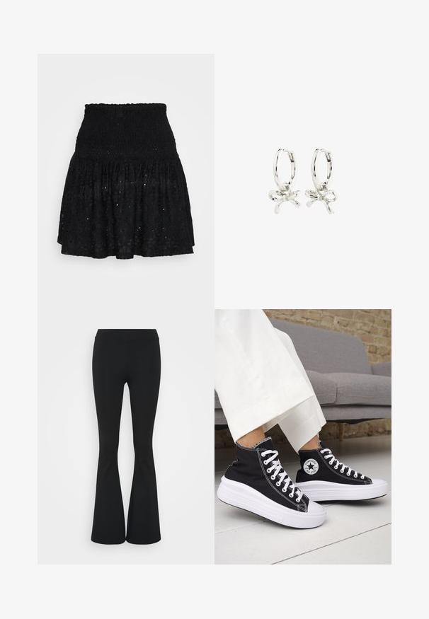 Czarna mini spódnica z koronką, z gumką w pasie, wielowarstwowym falbankami i wzorami ażurowymi. Miękka tekstura o lekkiej konstrukcji.; Czarne spódnice dzwonowe wykonane z elastycznego materiału, z wysokim stanem i gładką fakturą. Spodnie rozszerzają się od kolana.; Czarne trampki typu high-top z białą gumową podeszwą i sznurówkami. Posiadają okrągłą naszywkę z logo oraz kontrastujące białe przeszycia. Wykonane z materiału płóciennego.; Srebrne kolczyki koła z motywem kokardy, o gładkim wykończeniu i polerowanej fakturze. Kompaktowy, minimalistyczny styl odpowiedni na różne okazje.