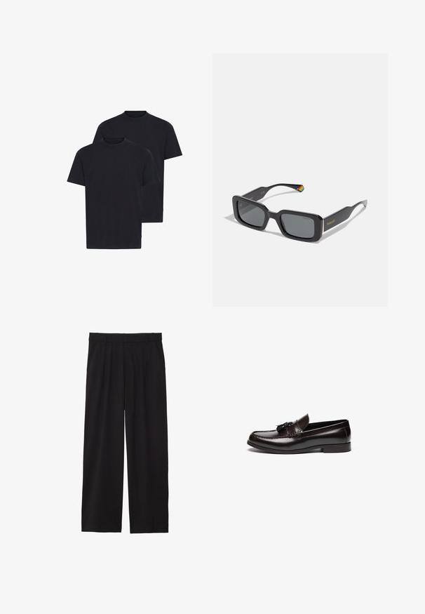 Mustat puuvillaiset t-paidat, joissa on pyöreä kaula-aukko, lyhyet hihat ja rento malli, esitettynä kahden pakettina.; Mustat väljät housut, joissa on laskostettu etuosa, sivutaskut ja sileä kankaan rakenne. Suunniteltu rentoa istuvuutta varten.; Ruske nahkakingad, millel on sile pind, kätkeb õmmeldud kujundust ja dekoratiivseid frantsiise esiküljel. Lame tald ja ümmargune varvas.; Suuret mustat aurinkolasit tummilla linsseillä, joissa on kultainen logo sankassa ja värikäs raidallinen yksityiskohta varsiosassa.