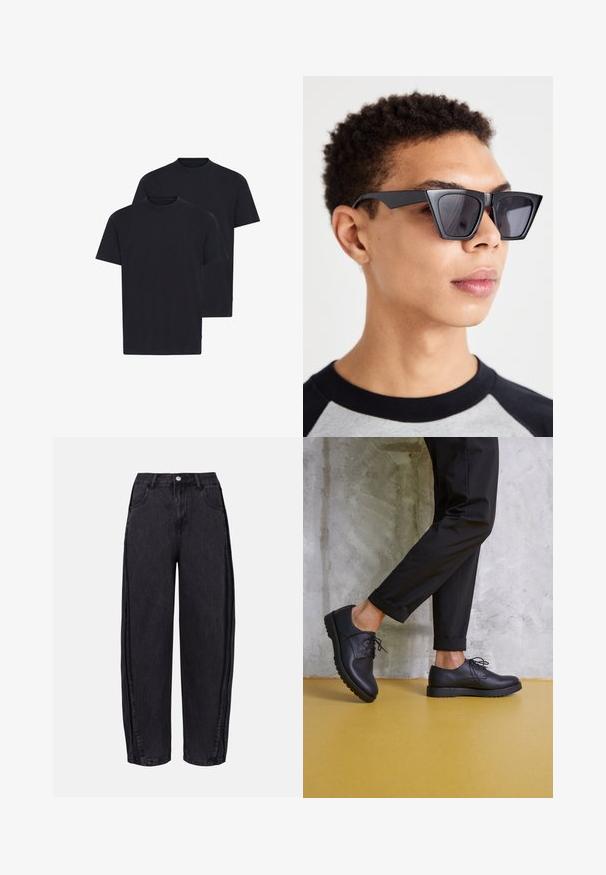 Črne bombažne majice s krožnim ovratnikom, kratkimi rokavi in sproščenim krojem, predstavljene v paketu dveh.; Črne široke jeans hlače iz denima z gladko teksturo. Imajo visok pas, sprednje žepe in gumbasto zapiranje na pasu.; Črni usnjeni čevlji z vezalkami, okrogel prst in teksturiran gumijast podplat. Nošeni s skrajšanimi črnimi hlačami, na ozadju betonske stene.; Črne angularne sončna očala s temnimi lečami, ki se ponašajo z drznim geometrijskim dizajnom in mat površino. Nosijo jih oseba s kratkimi lasmi.