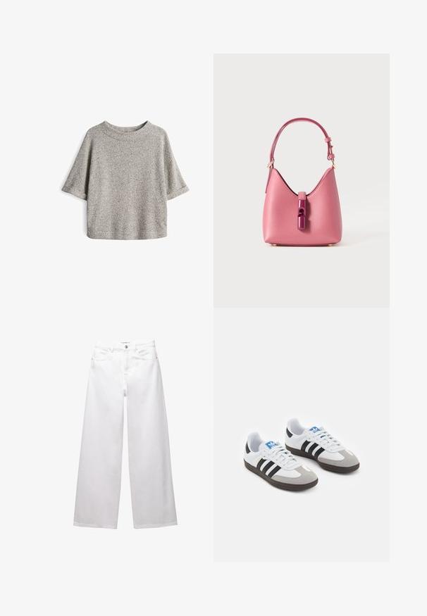 Graues kurzärmliges Oberteil aus einem strukturierten Strickstoff, mit lockerer Passform und rundem Halsausschnitt, das über feine gesprenkelte Details verfügt.; Weiße weit geschnittene Jeans aus Denim. Mit Knopfverschluss, Vorder- und Gesäßtaschen sowie gesteppten Nähten. Glatte Textur mit minimalen Details.; Sportschuhe mit einem Obermaterial aus weißem Leder, grauer Wildleder-Zehenkappe und drei schwarzen Streifen. Sie verfügen über ein blaues Logo auf der Zunge und eine strukturierte Gummisohle.; Rosa Lederhandtasche mit strukturiertem Design, ausgestattet mit einem glänzenden Verschluss und einem einstellbaren Gurt. Texturierte Oberfläche mit goldfarbenen Beschlägen.