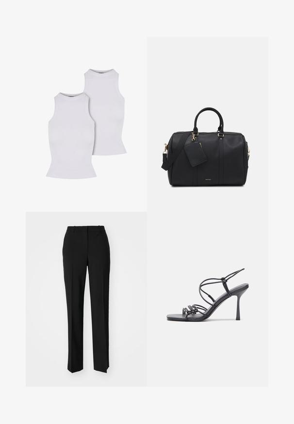 Twee witte geribde mouwloze tops met hoge hals en nauwsluitende ontwerpen, die een gladde textuur en een eenvoudige, naadloze uitstraling tonen.; Witte overhemd met lange mouwen, puntkraag, getailleerd ontwerp, gladde katoenstof en sluiting met knopen aan de voorkant.; Zwarte op maat gemaakte broek met een recht model, voorzien van een soepele textuur en scherpe plooien aan de voorkant. Geen zichtbare hardware.; Zwarte hoge hakken sandaaltjes hebben dunne banden met een geknoopt ontwerp, een gladde vierkante neus en een elegante stiletto-hak.; Zwarte faux leren sporttas met gouden hardware, dubbele bovenhandvatten, verstelbare schouderriem en een verwijderbaar labelvak.