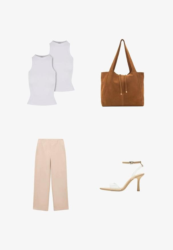 Dvě bílé žebrované bezrukávové topy s vysokými výstřihy a těsným střihem, které ukazují hladkou texturu a jednoduchý, bezšvový vzhled.; Béžové kalhoty s širokými nohavicemi vyrobené z hladké tkaniny, s plochým předním dílem a poutky na pásek, bez viditelných vzorů nebo ozdob.; Průhledná sandálová obuv s průhledným svrškem, béžovou stélkou a štíhlým páskem kolem kotníku. Má špičatou špičku a tenký vysoký podpatek.; Hnědá semišová taška s dvěma dlouhými popruhy, stahovací šňůrkou a minimalistickým designem. Hladký povrch a žádné viditelné kovové akcenty.