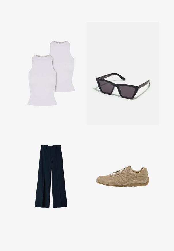To hvide ribbede ærmeløse toppe med høj hals og tætsiddende design, der fremhæver en glat tekstur og et enkelt, sømløst look.; Marineblå bredbensbukser lavet af et glat stof, med to frontfoldninger og en enkelt knaplukning i taljen.; Beige ruskinds sneaker med lav profil, tekstureret overflade og hvide snørebånd. Har et buet design og en gummisål for godt greb.; Sorte, kantede solbriller med grå linser; lavet af plast, med tykke stænger med en glat overflade og ingen synlig hardware.; Sort faux læder weekender taske med guldfarvet hardware, dobbelt top hanke, justerbar skulderrem og en aftagelig tag lomme.