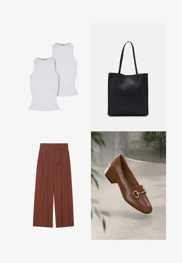 To hvite, ribbede ermeløse topper med høy hals og tettsittende design, som viser en jevn tekstur og et enkelt, sømløst utseende.; Bredde bukser i brunt stoff, med belte med firkantet spenne, plisserte design og myk tekstur.; Brun lakkert skinn loafer med firkantet tå, metallkjedeakkent, og lav blokkheel; glatt tekstur, minimalistisk design.; Svart lær tote bag med glatt tekstur, rektangulær form og to lange håndtak. Ingen synlige deler eller dekorasjoner.