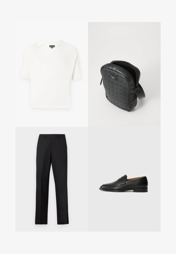 Biely pletený top s krátkym rukávom a výstrihom do V, ktorý má rebrovanú textúru a voľný strih. Bez viditeľných vzorov alebo akcentov.; Čierne nohavice s rovnými nohavicami vyrobené z hladkej látky. Majú štandardný pás a žiadne viditeľné vzory alebo ozdoby.; Čierne kožené mokasíny s okrúhlou špičkou, jemným prešitím a nízkym podpätkom, s hladkou textúrou a minimalistickým dizajnom.; Čierna, štruktúrovaná kožená taška s geometrickým vzorom, obdĺžnikový tvar, horný zips a krátka rukoväť. Na prednej strane má logo nášivku.