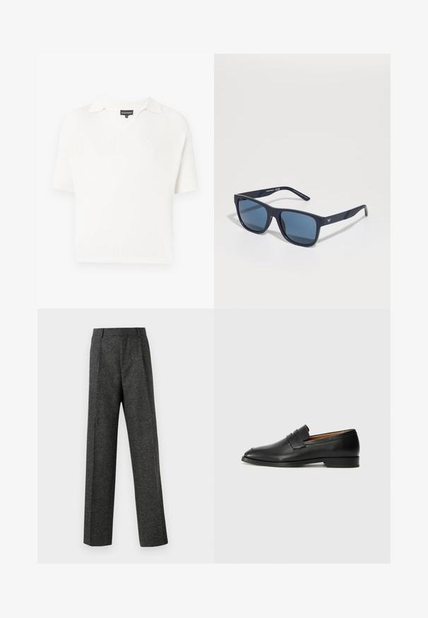 Balta trumpa rankovėmis megzta palaidinė su V formos iškirpte ir apykakle, pasižyminti raštuota tekstūra ir laisvu siluetu. Nėra matomų raštų ar akcentų.; Pilki pritaikyti kelnių modeliai, pagaminti iš tekstūruotos medžiagos, su dviem priekiniais klostėmis ir tiesiogine kojų forma. Nėra matomų kišenių ar puošybų.; Juodas odinis loaferis su apvaliu nosiu, subtiliomis siuvimo detalėmis ir žemu kulnu, pasižymintis lygia tekstūra ir minimalistiniu dizainu.; Mėlynos stačiakampės saulės akinių su tamsiais objektyvais, matinio jūros gylio rėmu, su logotipo detalėmis ant šventyklos, tiesiomis šakėmis ir vientisa, lygi tekstūra.