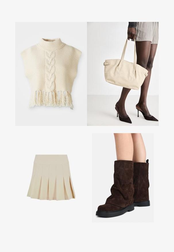 Ebatudest honane kampsun kõrge kraega, millel on keskel punutud muster ja tituleeritud äärejoon. Lühikesed, kapuutsiga varrukad, tekstureeritud kangas.; Beesilt plekkidega seelik, millel on sobiv vöökoht, valmistatud siledast kangast. Omab mitmeid vertikaalseid plekke ja sirget äärt.; Pruunid sametist keskmise pikkusega saapad mustade kummist talladega, kantud paljaste jalgadega, saapaste varsi peal on nähtavad kerged kortsud.; Beež kott sileda nahaprindiga, struktureeritud kuju, kahe sangaga ning külgmiste nööpdetailidega. Sobitatud elegantsete mustade kõrgete kontsadega.; Kreemjas pehmendusega peapael, millel on keerutatud disain, koos beeži ja valge triibulise särgiga, millel on ümar kaelus. Diskreetne ehtedisain.