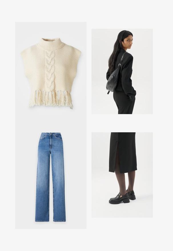 Ivoren virkatt tröja med hög krage, med ett centralt flätat mönster och fransad nederkant. Kort, kapstilärm, strukturerad tyg.; Vaaleansiniset leveälahkeiset farkut, jotka on valmistettu denimestä. Ne ovat korkeavyötäröiset, niissä on etutaskut ja tavallinen nappikiinnitys. Pintakankaan rakenne on sileä.; Mustat nahkakengät pyöreällä kärjellä, paksulla lohkopohjalla ja joustavilla sivuakkesseilla, yhdistettynä tummiin sukkahousuihin ja mustaan hameeseen, jossa on halkio.; Nainen, jolla on pitkä tumma hius, pukeutuneena mustaan pukuun, kantaa mustaa nahkatoimistolaukku ja katsoo yli olkansa valkoista taustaa vasten.; Hopehope hopeilla, joissa on minimalistinen muotoilu. Pyöreä muoto, sileä pinta ja ohut profiili. Kevyet ja kiillotetut.