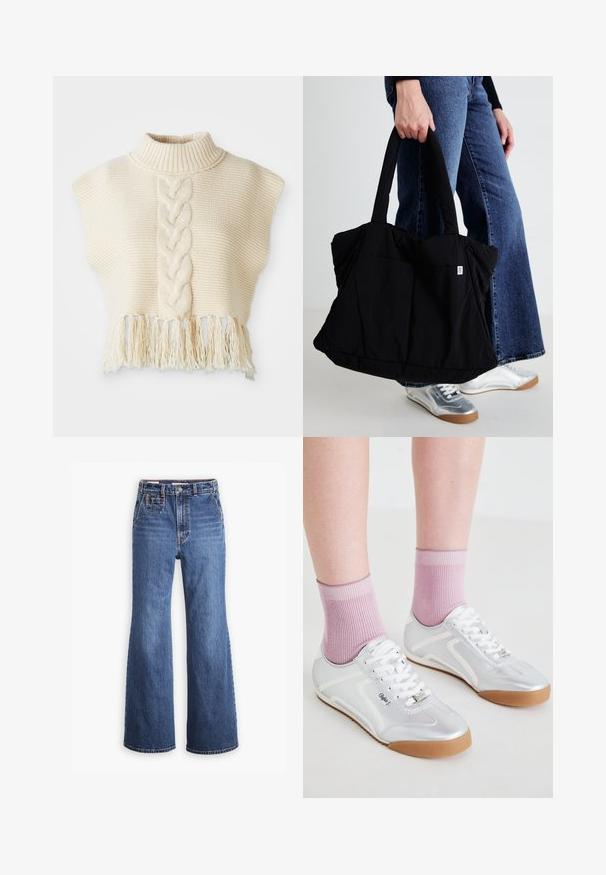 Elfenbeinfarbener Strickpullover mit hohem Kragen, der ein zentrales geflochtenes Muster und einen fransigen Saum aufweist. Kurze, kapillenartige Ärmel, strukturiertes Gewebe.; Hoch sitzende blaue Denim-Jeans mit weitem Bein, ausgestattet mit einer Vordertasche, Messingknopfverschluss und Kontrastnähten.; Silberne Sportschuhe mit weißen Akzenten und Gummisohlen, kombiniert mit gerippten rosa Socken, die ein niedriges Profildesign zeigen.; Schwarze Stofftasche mit einem gepolsterten Design, zwei robusten Griffen und einem kleinen Logo-Patch auf der Vorderseite, gehalten von einer Person in Denim.