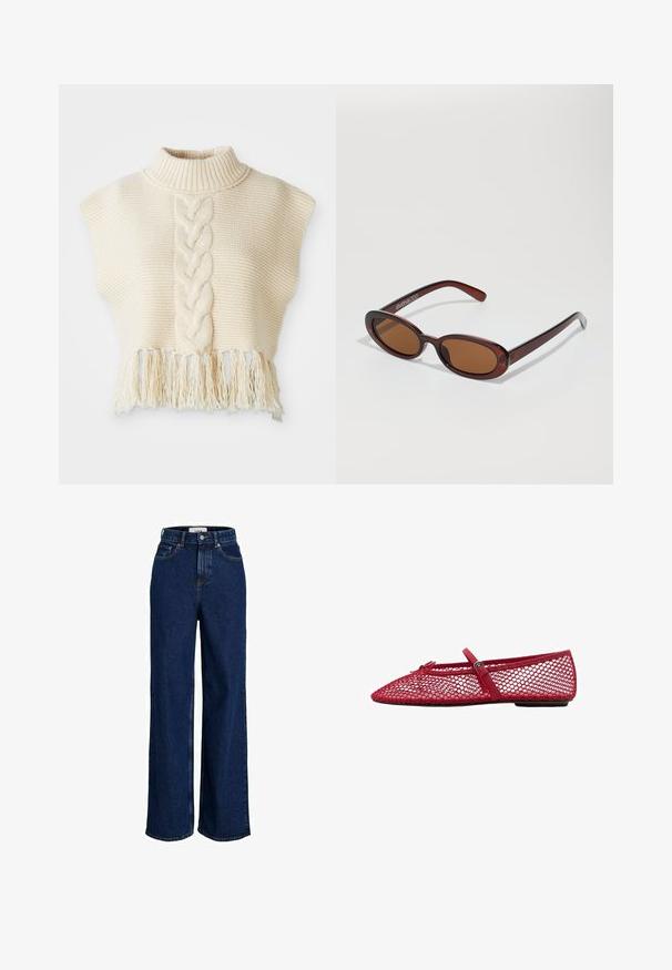 Kremowy sweter dzianinowy z wysokim kołnierzem, z centralnym plecionym wzorem i frędzlami na dole. Krótkie rękawy w stylu kimono, teksturowana tkanina.; Spodnie dżinsowe o szerokich nogawkach w ciemnoniebieskim kolorze z wysokim stanem, klasycznym pięciopocketowym krojem i widocznymi detalami szwów. Gładka tekstura, jednolity wykończenie.; Czerwone siateczkowe baletki z ostro zakończonym noskiem, z cienkim paskiem i zapięciem. Wierzch ma otwarty, plasterkowy wzór.; Okrągłe, brązowe okulary przeciwsłoneczne z błyszczącą bordową oprawą. Cienkie ramiona z subtelnym detalem marki. Płaski kształt soczewek.; Zestaw ośmiu metalowych kolczyków w srebrnych i złotych odcieniach. Zawiera różne style kółek, tekstury i wykończenia, uporządkowane według rozmiaru.
