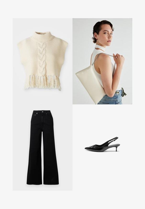 Elfenbenfärgad stickad tröja med hög krage, prydd med ett centralt flätat mönster och fransar nertill. Korta, ärmakappor och texturerad tyg.; Svarta jeans med vida ben i denim, med hög midja, fem fickor, knäppning framtill och minimalistiska söm-detaljer.; Svarta läder slingback klackar med spetsig tå, liten kittenklack och en dekorativ knutdetalj på framsidan. Slät textur hela vägen.; Vitt rektangulärt clutch-väsk i glänsande material, med en kedjesnor i silver. Modellen poserar och visar upp väskan mot en neutral bakgrund.