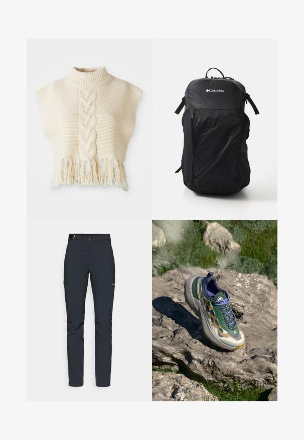 Bijeli pleteni pulover s visokim ovratnikom, koji ima središnji pleteni uzorak i resicu na rubu. Kratki, kapućasti rukavi, teksturirana tkanina.; Muške outdoor hlače, tamno sive boje, izrađene od fleksibilnog materijala, s remenom, džepovima na patentni zatvarač i ojačanim šavovima.; Sportska obuća s uzorkovanom mrežicom u zelenoj i bež boji, debelim sivim srednjim slojem i ljubičastim detaljima, postavljena na stjenovitom terenu.; Crna ruksak izrađena od glatkog najlona, s logotipom sprijeda, podesivim trakama i mrežnim bočnim džepovima za dodatnu pohranu.