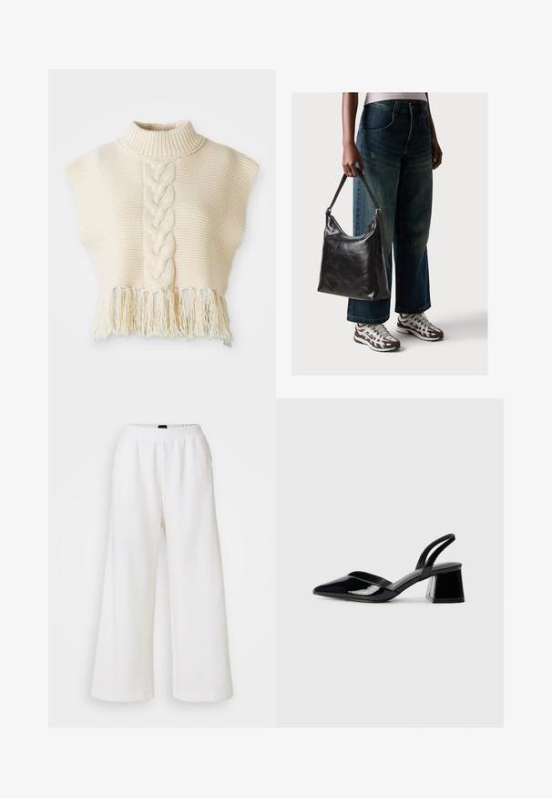 Pullover de malha marfim com gola alta, apresentando um padrão trançado central e bainha com franjas. Mangas curtas em estilo de capa, tecido texturizado.; GAP SEAM WIDE LEG - Calças - new off white; Sandy em verniz preto com salto slingback, ponta afilada e salto geométrico. Apresenta um design elegante e minimalista com textura suave.; Bolsa de ombro em couro preto com textura suave e alça ajustável, combinada com jeans de perna larga desbotados e ténis desportivos.
