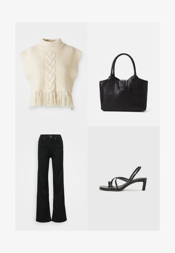 Elfenbeinfarbener Strickpullover mit hohem Kragen, der ein zentrales geflochtenes Muster und einen fransigen Saum aufweist. Kurze, kapillenartige Ärmel, strukturiertes Gewebe.; Schwarze, ausgestellte Jeans aus Denim, mit hoher Taille, fünf Taschen und Metallknopfverschluss. Glatte Textur mit minimaler Gestaltung.; Schwarze Sandale mit Riemchen, quadratischer Zehenform und niedrigem Blockabsatz. Verfügt über mehrere dünne Riemen und einen verstellbaren Knöchelriemen. Hergestellt aus glattem Leder.; Schwarze Leder-Tote mit glatter Textur, strukturiertem Design, zwei Griffen und einem auffälligen silbernen Schnallen-Detail auf der Vorderseite.