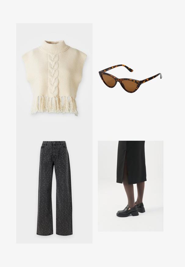 Kremowy sweter dzianinowy z wysokim kołnierzem, z centralnym plecionym wzorem i frędzlami na dole. Krótkie rękawy w stylu kimono, teksturowana tkanina.; Noisy May NMJANNEL czarny denim; Czarne skórzane buty z okrągłym noskiem, grubym blokowym obcasem i elastycznymi akcentami po bokach, zestawione z ciemnymi rajstopami i czarną spódnicą z rozcięciem.; Okulary przeciwsłoneczne w kształcie kocich oczu z czarno-pomarańczową oprawą w deseń żółwia, brązowymi soczewkami i eleganckimi, spiczastymi końcówkami. Posiadają minimalistyczne logo na zauszniku.; Srebrne kolczyki w formie obręczy o minimalistycznym designie. Okrągły kształt, gładka faktura i cienki profil. Lekkie, z polerowanym wykończeniem.
