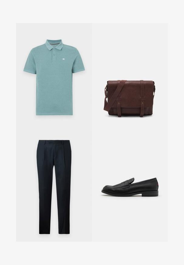 Polo-shirt i lys teal, korte ærmer, polo-krave med to knapper, har et lille logo på venstre bryst, glat bomuldsstof.; Sorte skræddersyede bukser lavet af glat stof, med et slankt snit, to forkert vafler og en flad talje uden synligt hardware.; Sorte læder loafers med en glat finish, rund tå og en lille dekorativ flap. Har en lav stablet hæl og en subtil brandingdetalje.; Brun læder buddeltaske med en flad frontklap, to remme, guld hardware detaljer og en justerbar skulderrem.