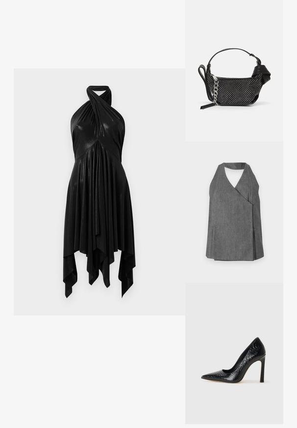 Sivý denímový halter top s prekrývacím dizajnom, so sveterom v tvare V a bočnými rozparkami. Hladká textúra s jemnými švovými detailmi.; Čierne halter šaty s drapériou. Vyrobené z lesklého materiálu, s prekrúteným výstrihom a asymetrickým lemom. Hladká textúra.; Čierna lodička s špicatou špičkou a lakovanou textúrou krokodíla, s elegantným dizajnom, vysokým stiletto podpätkom a hladkým čiernym interiérom.; Čierna kabelka so cvočkovými ozdobami, reťazovou rukoväťou a hladkým koženým držadlom, so zaobleným tvarom a zipsovým oddelením.