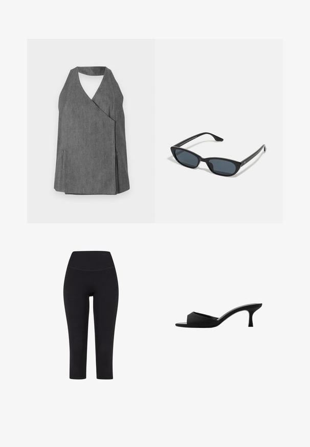 Top halter de mezclilla gris con diseño envolvente, que presenta un escote en V y aberturas laterales. Textura suave con sutiles detalles de costura.; Leggings negros de tres cuartos hechos de tela elástica, con una cintura alta y sin patrones ni herrajes visibles.; Mules de tacón negro con una punta ancha y abierta y un empeine curvado. Fabricados en tejido texturizado, cuentan con un tacón delgado y una suela lisa.; Gafas de sol de ojo de gato negras con lentes oscuros, montura de plástico, patillas delgadas y una marca sutil en el interior del brazo. Textura de acabado mate.