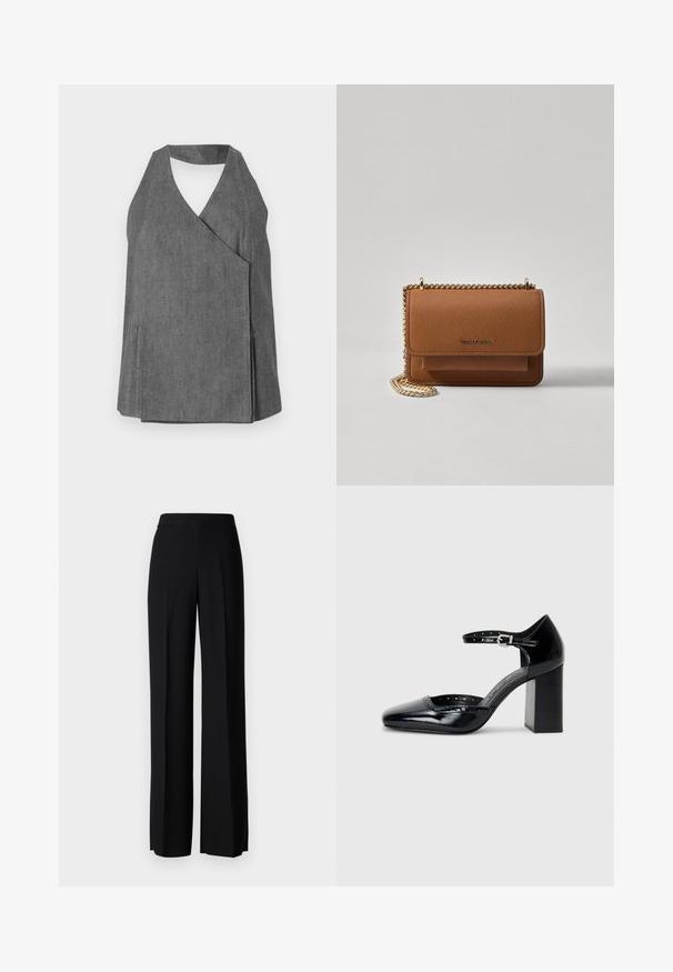 Gray denim halter top with a wrap design, featuring a v-neck and side slits. Smooth texture with subtle stitching details.; Black wide-leg trousers with a smooth texture, featuring a high waistband and center pleats. No visible patterns or hardware details.; Black patent leather high-heeled shoes with a square toe, ankle strap, and a chunky heel. Includes perforated detailing along the rim.; Brown textured leather crossbody bag with gold chain strap and flap closure. Front features logo detail and a pocket under the flap.