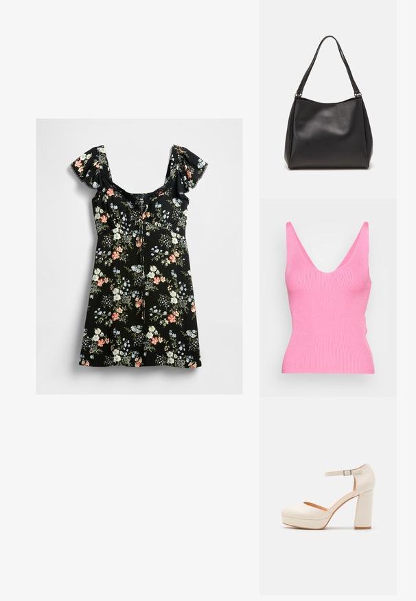 JDY JDYNANNA SL NOOS - Top - rosebloom; Abito nero corto con maniche a palloncino, scollatura rifinita in pizzo e motivo floreale multicolore in rosa, bianco, blu e foglie verdi.; Tacchi platform color crema con punta arrotondata e cinturino alla caviglia regolabile. Presentano un tacco a blocco spesso con un leggero accento in legno.; Borsa a tracolla nera in pelle sintetica con una texture morbida, forma hobo e doppi manici; presenta una finitura lucida e un design minimalista.