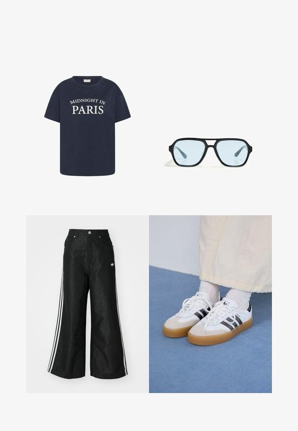 Navy blue cotton t-shirt with a round neckline and short sleeves, featuring white text "MIDNIGHT IN PARIS" across the front.; Black wide-leg denim pants with three white stripe accents on each side and a small white logo. Features front pockets and a button closure.; White sneakers with black stripes and beige suede accents. Feature a textured gum sole and flat white laces, worn with light-colored socks.; Black sunglasses with rectangular frames, blue-tinted lenses, and a distinctive bridge design. Sleek finish, understated texture.