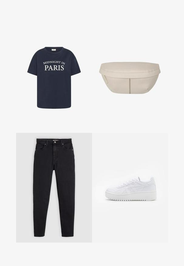Marineblå bomulds t-shirt med rund halsudskæring og korte ærmer, med hvid tekst "MIDNIGHT IN PARIS" på forsiden.; Sorte slim-fit jeans med knap- og lynlåslukning, fem-lomme design og bæltesløjfer på en lys grå baggrund.; Hvide platform sneakers med en glat læderoverflade, perforerede detaljer og flade snørebånd; har en tyk hvid gummisål.; Beige stofpung med en rund form, der har en flad top og subtile sømdetaljer. Inkluderer et minimalistisk logo og en sideløkke.
