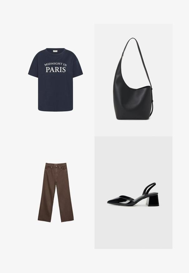 Mornarsko modra bombažna majica s krožnim ovratnikom in kratkimi rokavi, na sprednji strani pa je bel napis "MIDNIGHT IN PARIS".; Široke rjave kavbojke iz denima, ki imajo visok pas, sprednje žepe in klasično zapiranje na gumb. Gladka tekstura s subtilnim šivom.; Črne lakirane slingback pete s koničastim nosom in geometrijsko blokasto peto. Imajo eleganten, minimalističen dizajn in gladko teksturo.; Črna usnjena hobo torba z gladko teksturo, ukrivljeno obliko in eno nastavljivo naramnico; ima širok odprtina na vrhu.