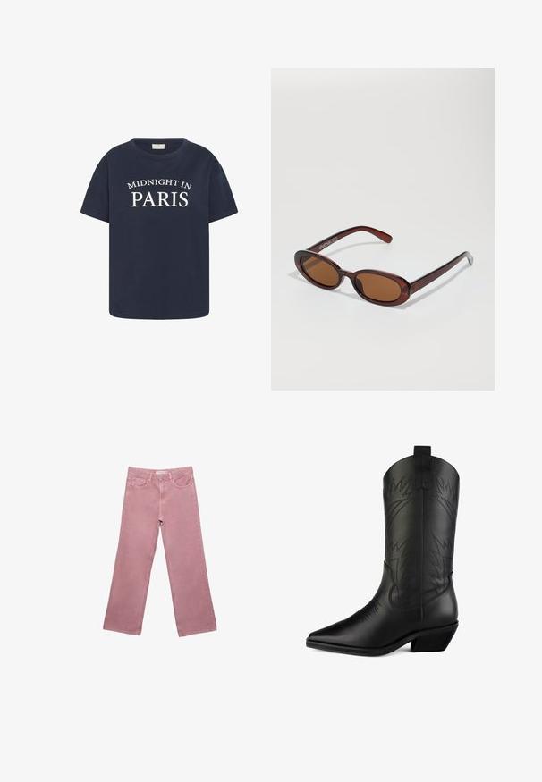 Marineblå bomulds t-shirt med rund halsudskæring og korte ærmer, med hvid tekst "MIDNIGHT IN PARIS" på forsiden.; Lyserøde brede jeans lavet af denim, med højt talje, forlommer og diskrete syninger. Glat tekstur uden mønstre.; Sort læder cowboystøvle med spids tå, buet skaft, dekorativ syning og lav blokhæl. Har træksløjfer for nem påtagning.; Runde, bruntonede solbriller med en glansfuld bordeauxramme. Slanke arme med diskret brandingdetalje. Flad linsedesign.