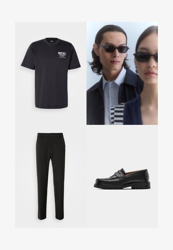 T-shirt de algodão preto com mangas curtas, gola redonda e impressão no peito com "mnc" e detalhes de contato em branco. Design de ajuste clássico.; Calças pretas feitas de tecido liso, com pernas retas, fecho com botão e um design clássico adequado para vestuário formal ou casual.; Os mocassins de couro preto apresentam uma costura elevada, duas tiras decorativas na parte superior e uma sola grossa e texturizada para maior aderência.; Óculos de sol pretos com armações angulares usados por um homem e uma mulher. O homem veste uma camisa listrada em azul e branco sob um casaco escuro; a mulher usa uma blusa escura com padrão.