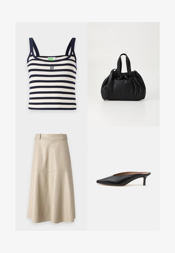 Ribbed tank top dengan garis horizontal navy dan putih. Memiliki tali bahu yang sempit dan logo kecil yang disulam di bagian dada.; Beige nahkahoode midi-seelik sujuva tekstuuriga, laia vööosaga ja väljasuunatud äärega; sisaldab lisandväärtuse jaoks õmmeldud õmblusi.; Musta nahkakengät, joissa on terävä kärki ja matala, lohkareena korko. Sileä pinta ja tyylikäs muotoilu. Avoin takapuoli, jossa on minimaalista yksityiskohtaisuutta.; Musta nahkabag, jossa on kerätty yläosa. Varustettu kahdella lyhyellä kantokahvalla ja pitkällä säädettävällä hihnalla. Sileä pinta, pyöreä muoto.
