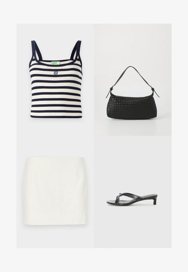 Rib-kudumisega topp, millel on tumesinised ja valged horisontaalsed triibud. Omab kitsaid õlapaelu ja väikest tikandiga logo rinnal.; Valgete linast mini-seelikut sirge lõikega, mis sisaldab küljetaskuid ja sujuvat tekstuuri. Ilma nähtavate mustrite või aktsentideta.; Mustad kontsad kaalud cruz-ribade disainiga siledast sünteetilisest materjalist. Omab madalat plokknina ja dekoratiivset aktsenti rihma ühenduskohas.; Must mustriga õlakott sujuvate nahkliistude ja tõmblukuga. Omab tekstuurset pinda ja kaarjat kuju.