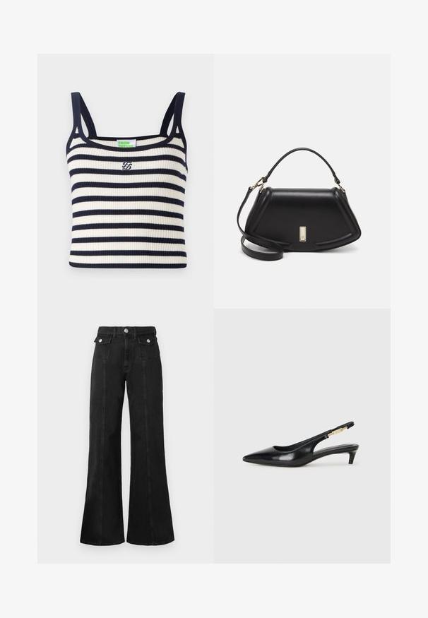 Gestreiftes Tanktop mit horizontalen navy- und weißen Streifen. Verfügt über schmale Schulterträger und ein kleines gesticktes Logo auf der Brust.; Schwarze, weit geschnittene Jeans aus Denim mit hoher Taille, ausgestattet mit zwei vorderen Taschen, silberfarbener Hardware und sichtbaren Nahtdetails an der Vorderseite.; Schwarze Leder-Slingback-Pumps mit spitzem Schuhblatt, ausgestattet mit einem schlanken Absatz und einem goldfarbigen Akzent am verstellbaren Riemen. Glatte Textur.; Schwarze Lederhandtasche mit einem strukturierten Design, das eine verkürzte Form, einen oberen Griff und goldfarbene Hardware-Details aufweist. Verstellbarer Schulterriemen ist enthalten.