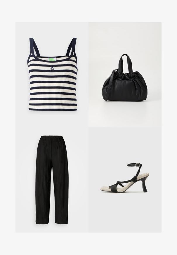 Ribbed top na ramiączkach w granatowo-białe poziome paski. Posiada wąskie ramiączka i małe haftowane logo na klatce piersiowej.; Czarne spodnie szerokie z plisami i elastycznym paskiem w talii. Tkanina ma pionowe plisy i gładką fakturę.; Czarne sandały na obcasie z plecionym paskiem, kwadratowym noskiem i regulowanym paskiem na kostkę. Jasnobeżowa wkładka z błyszczącym czarnym obcasem.; Czarna skórzana torebka z zebranym wykończeniem, z dwoma krótkimi uchwytami i długim regulowanym paskiem. Gładka tekstura, zaokrąglony kształt.