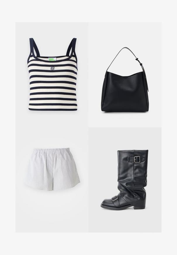 Ribbed tank top with navy and white horizontal stripes. Features narrow shoulder straps and a small embroidered logo at the chest.; Striped shorts in light blue and white cotton, featuring an elastic waistband and a relaxed fit with side openings for ease of movement.; Black leather boot with a folded shaft, featuring two silver buckles. Rounded toe and a low, flat sole design. Smooth texture, minimal detailing.; Black leather hobo bag with a single shoulder strap, smooth texture, tapered top, and minimalistic design without visible hardware.; Pilgrim UNFOLD - Necklace - silver-coloured