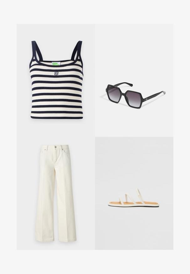 Rib-kudumisega topp, millel on tumesinised ja valged horisontaalsed triibud. Omab kitsaid õlapaelu ja väikest tikandiga logo rinnal.; Laiad valged teksad, mis on valmistatud puuvilla segust. Omavad lukuga eesmist sulgemist, viie taskuga disaini ning õmblusi pükste saemetes.; Valged lamedad sandaalid kolme peene rihmaga, pruun jalaplatform, hele tald ja väike kuldne aksessuaar välimisel rihmal.; Mustad kuuekülgsed prillid gradueeritud läätsedega, millel on läikiv viimistlus ja peene bränding põlvel. Vastupidav plastikust konstruktsioon.