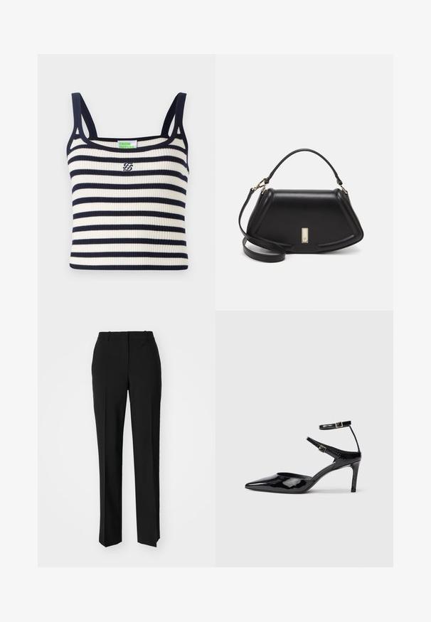 Ribbet tanktopp med marineblå og hvite horisontale striper. Har smale skulderstropper og en liten brodert logo på brystet.; Sorte skreddersydde bukser med rett silhuett, med en glatt tekstur og klare pressede bretter foran. Ingen synlig maskinvare.; Sorte lakkede hæle med spids tå, justerbare ankelstropper og en slank hæl. Glat tekstur med en skinnende overflade.; Sort lærveske med en strukturert design, som har en avkortet form, topphåndtak og detaljer i gull. Justerbar skulderstropp inkludert.