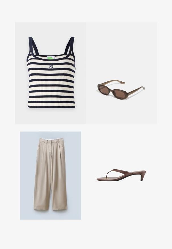 Ribbed tank top with navy and white horizontal stripes. Features narrow shoulder straps and a small embroidered logo at the chest.; Beige wide-leg trousers with a textured finish, featuring two side pockets, front pleats, and a waistband for secure fit.; Brown heeled flip-flop sandal with a slender strap and rounded toe post, featuring a small gold accent on the footbed.; Brown oval sunglasses with dark lenses. Frame has a transparent brown material and features a logo printed on the temples.