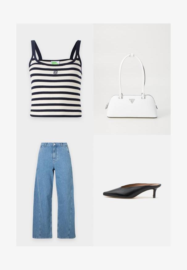 Débardeur à rayures horizontales bleu marine et blanches. Il dispose de fines bretelles et d'un petit logo brodé sur la poitrine.; Jean large bleu clair en denim, avec une taille haute, une coupe droite et des surpiqûres contrastées le long des coutures.; Mules en cuir noir avec un bout pointu et un petit talon carré. Texture lisse avec un design épuré. Dos ouvert avec un minimum de détails.; Sac à main en cuir blanc avec une forme courbée, présentant un logo triangulaire argenté et une fermeture à glissière. Texture lisse et doubles poignées.