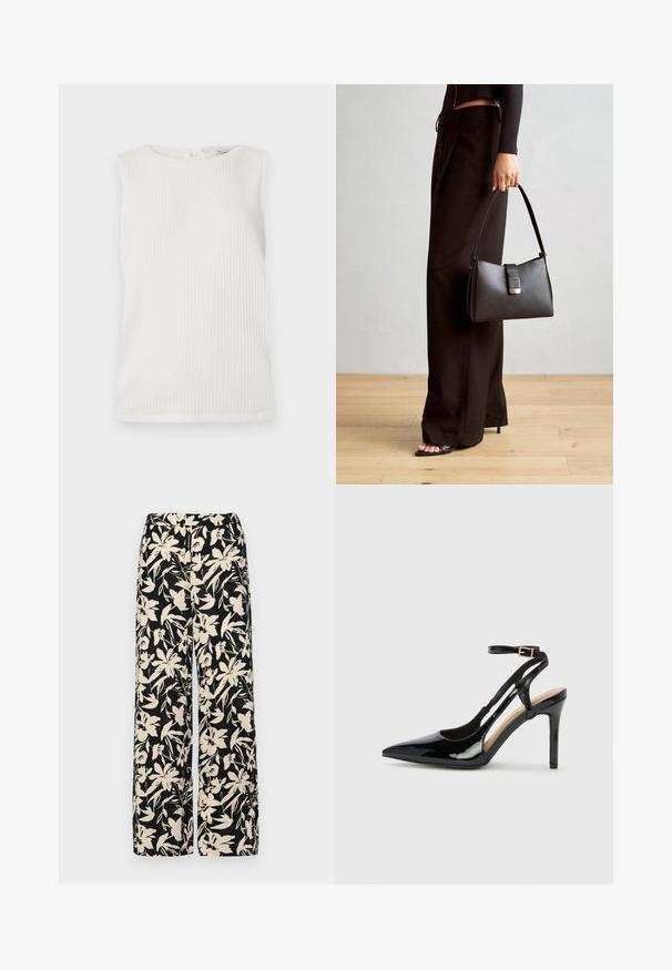 White sleeveless top featuring a ribbed texture, rounded neckline, and a small back closure detail. Simple design with no patterns or accents.; Black wide-leg pants with a cream floral pattern. Made of lightweight fabric, featuring a smooth texture and a high waistband.; Black patent leather high-heeled slingback shoe with pointed toe, adjustable ankle strap, and open sides. Smooth texture.; Black handbag with structured shape, smooth texture, and a metallic clasp. Paired with wide black pants and open-toe sandals on wooden floor.