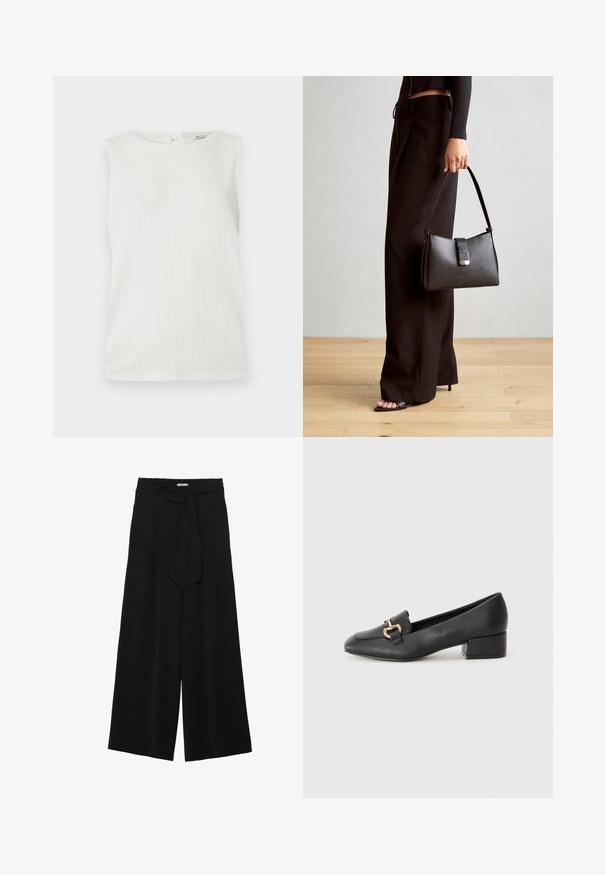 Bijela majica bez rukava s rebrastom teksturom, okruglim izrezom i malim detaljem zatvaranja na leđima. Jednostavan dizajn bez uzoraka ili akcenta.; Crne široke hlače od teksturirane tkanine, s elastičnom pojasom i odvojivim remenom na struku za prilagodivo pristajanje.; Crne kožne mokasine s ravnim potplatom, s dekorativnim zlatnim detaljem sprijeda i glatkom teksturom.; Crna torba s oblikom koji sadrži strukturu, glađu teksturu i metalnu kopču. Uparena s širokim crnim hlačama i sandalama na otvorenom s drvenog poda.