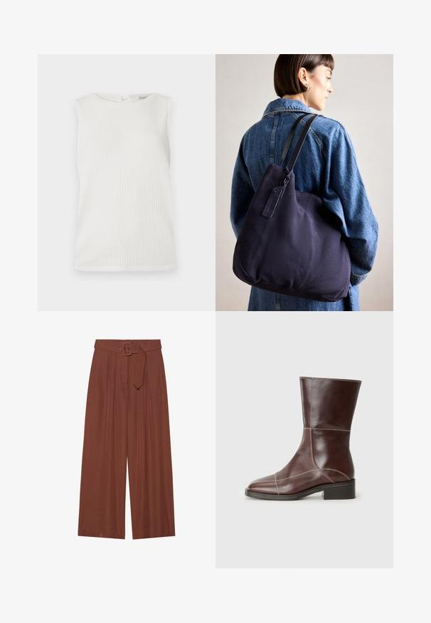 Haut sans manches blanc avec une texture côtelée, un col rond et un petit détail de fermeture au dos. Design simple sans motifs ni accents.; Pantalons à jambes larges en tissu marron, avec une ceinture à boucle carrée, un design plissé et une texture lisse.; Bottine en cuir marron à bout carré et à talon bas, avec des coutures contrastées le long des seams. Fond clair.; Sac à épaule en toile navy avec une forme douce et structurée, doté d'une sangle noire, de détails cousus et d'une petite étiquette de marque.